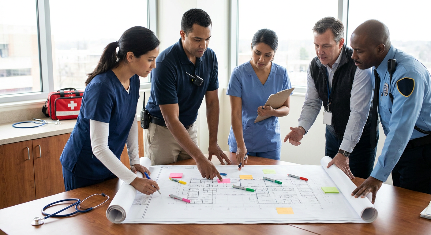 Nurses, an emergency manager, a respiratory therapist, and a security professional review a hospital floor plan during a structured active shooter preparedness exercise.