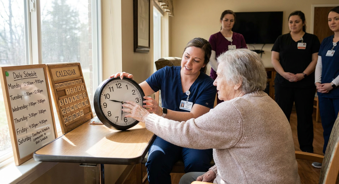 A registered nurse sits at eye level with an older adult experiencing cognitive impairment and uses a large clock, calendar, and simple daily schedule to provide calm, respectful orientation.
