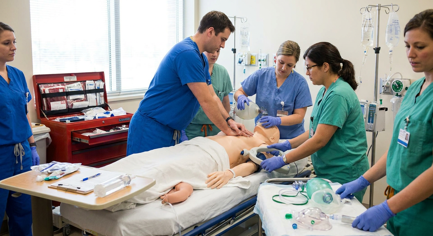 A multidisciplinary labor and delivery team conducts a simulated maternal resuscitation with chest compressions, manual uterine displacement, airway support, and hemorrhage equipment.