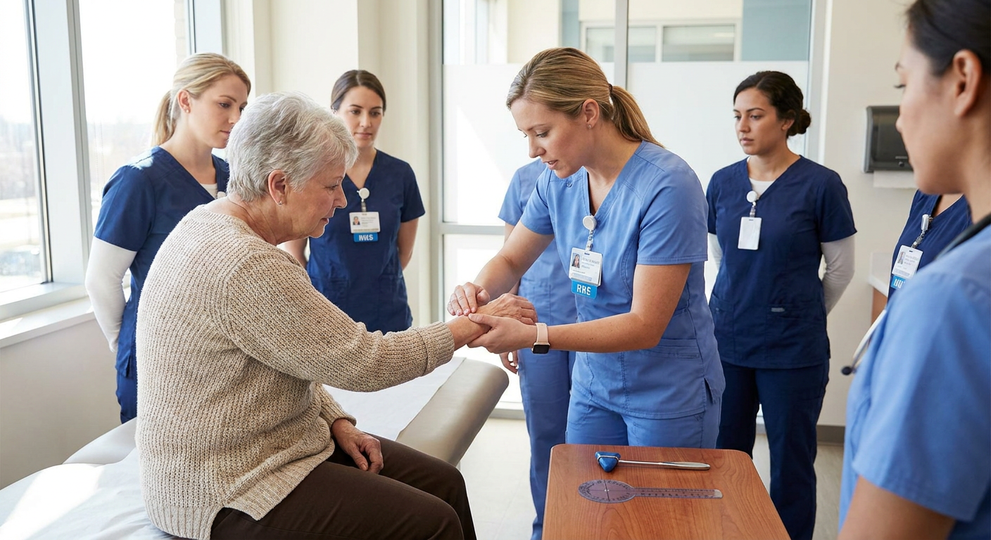 A registered nurse performs a focused hand and wrist joint assessment on an adult patient in a bright outpatient examination room, observing swelling and range of motion.