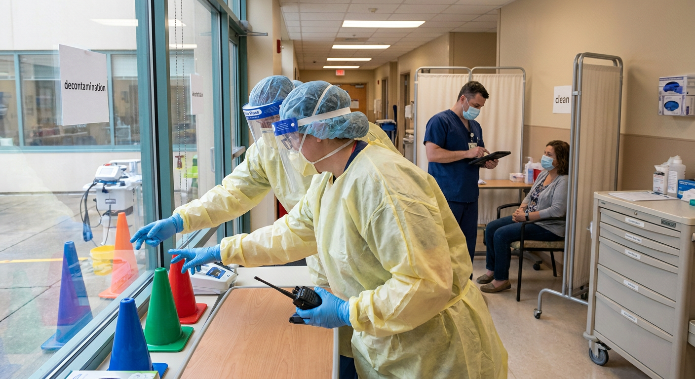 Emergency nurses in protective equipment coordinate triage and decontamination outside a hospital while another clinician assesses a patient from a safe clean zone.
