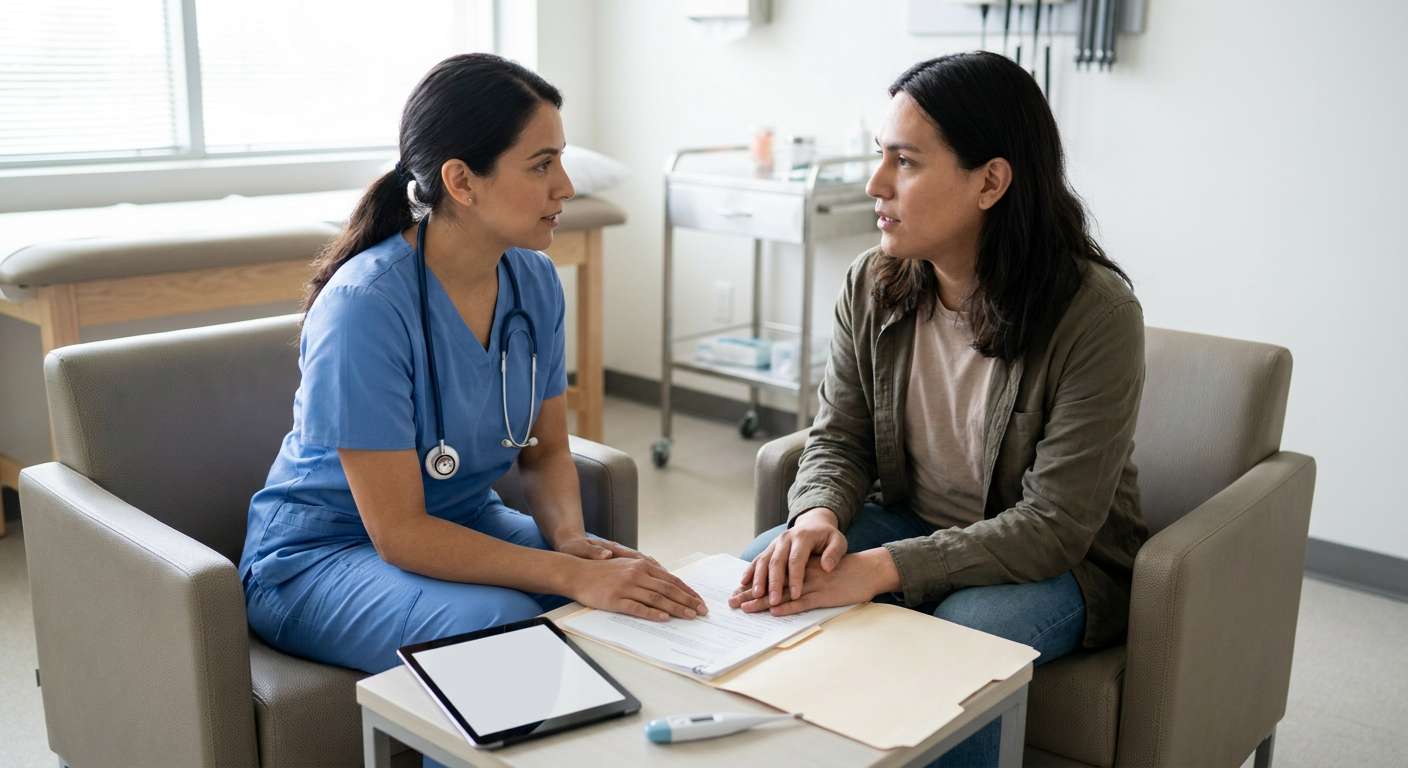 A registered nurse and a transgender adult patient speaking privately at eye level in a bright clinical examination room while reviewing an individualized care plan.