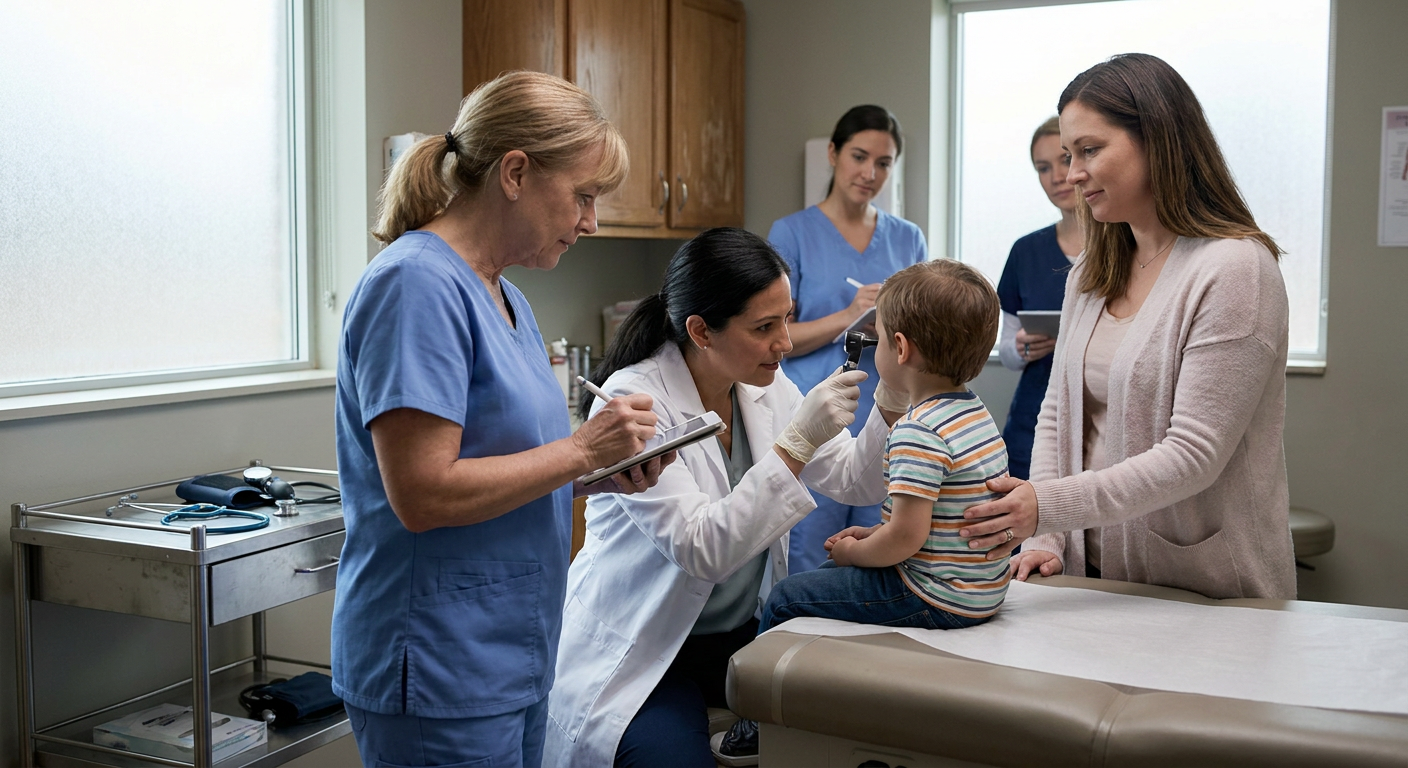 Registered nurse and pediatric clinician conducting a calm, trauma-informed assessment of a young child in a private examination room while a nonoffending caregiver remains nearby.