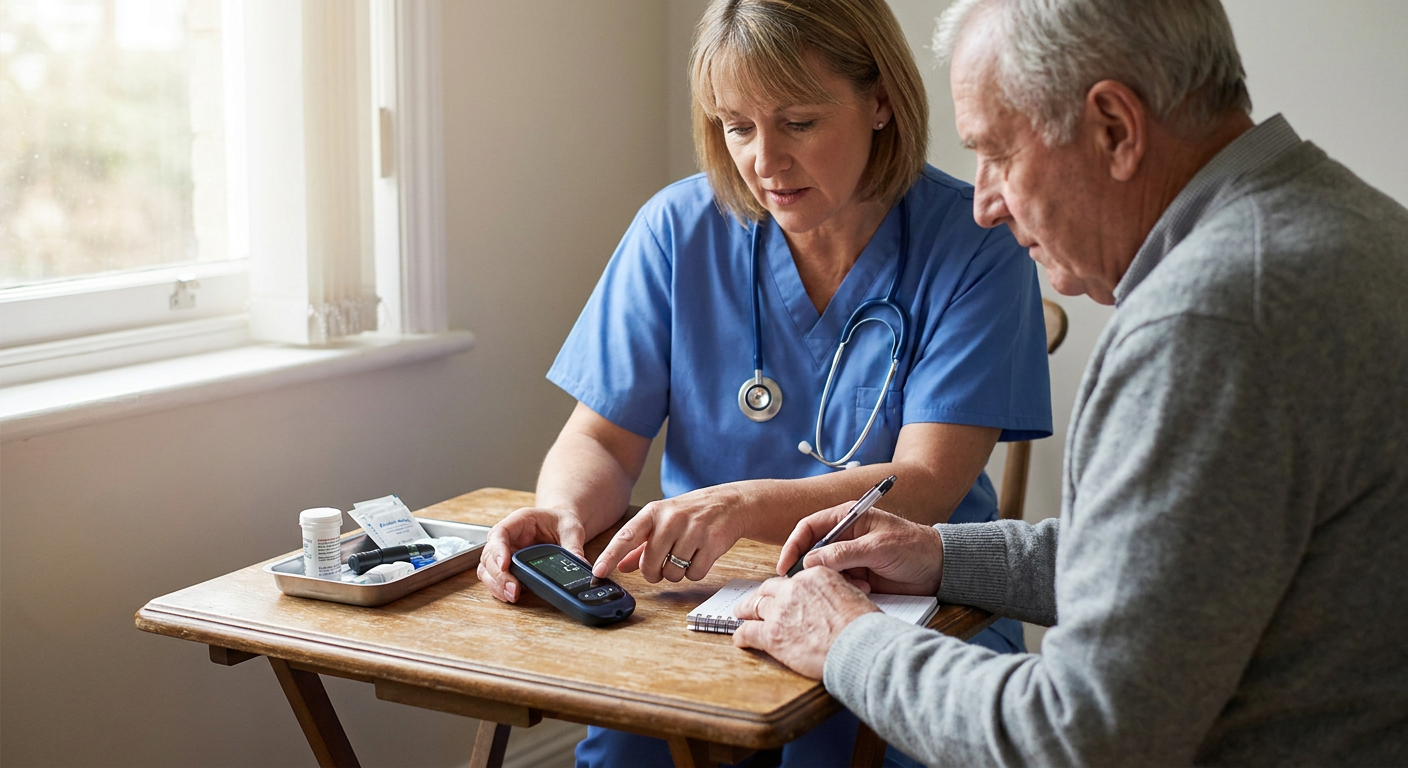 A registered nurse and adult patient reviewing glucose trends and an individualized diabetes care plan in a professional outpatient clinical setting.