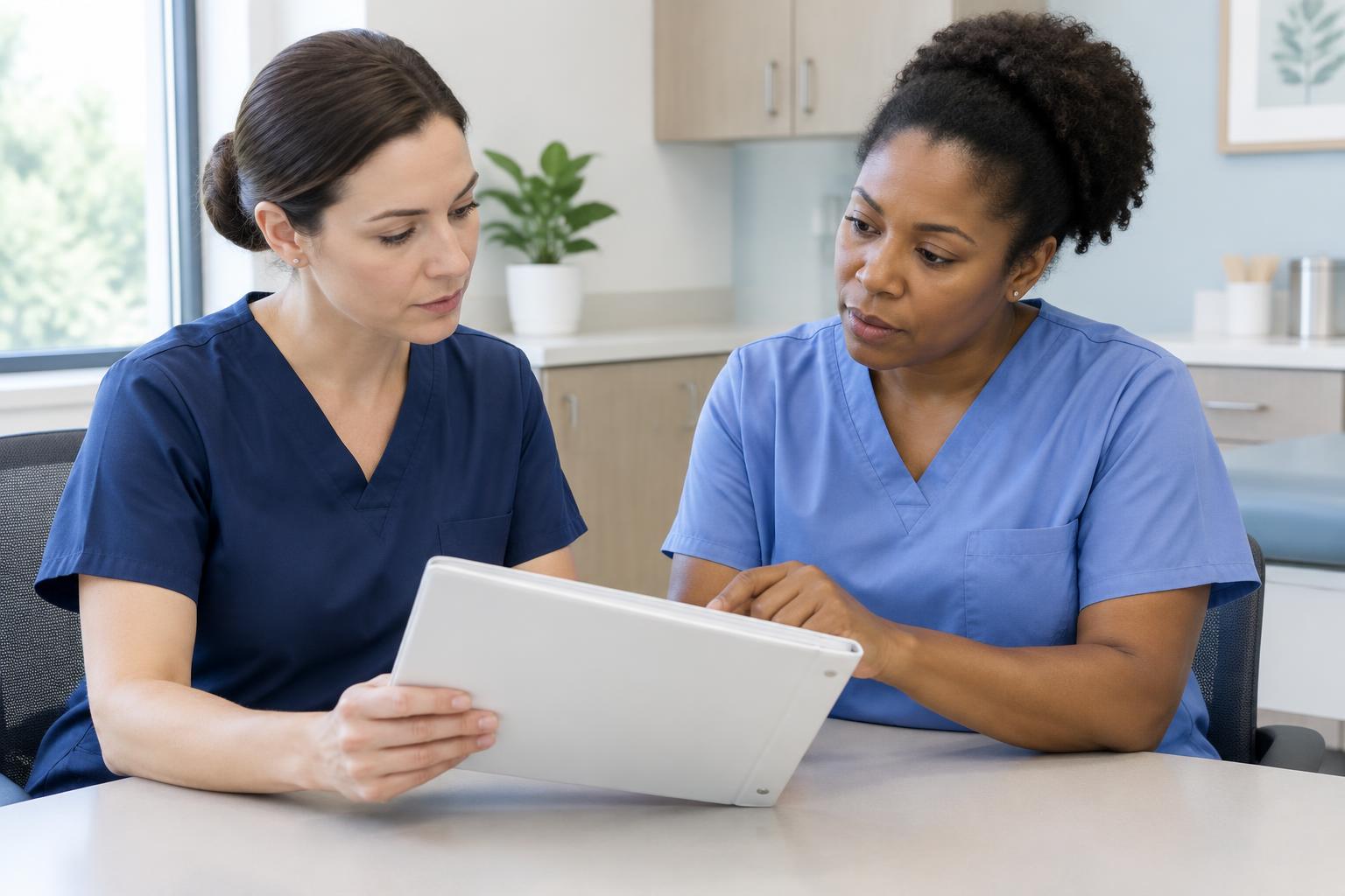 Two nurses reviewing a plain binder together at a clinical desk.