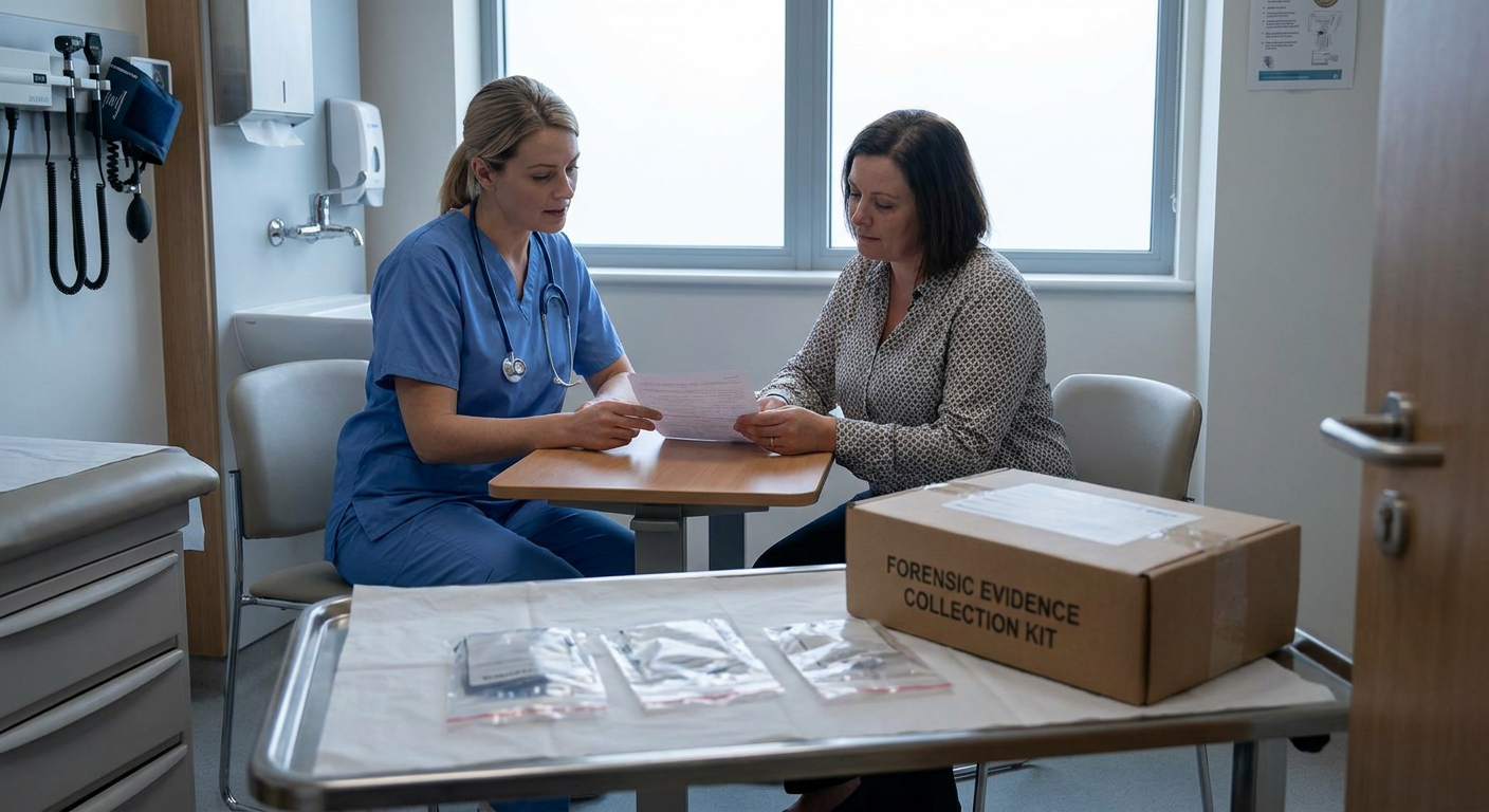 A registered nurse in a private examination room calmly reviews consent choices with a fully clothed adult patient while a sealed evidence kit rests on a separate clean surface.