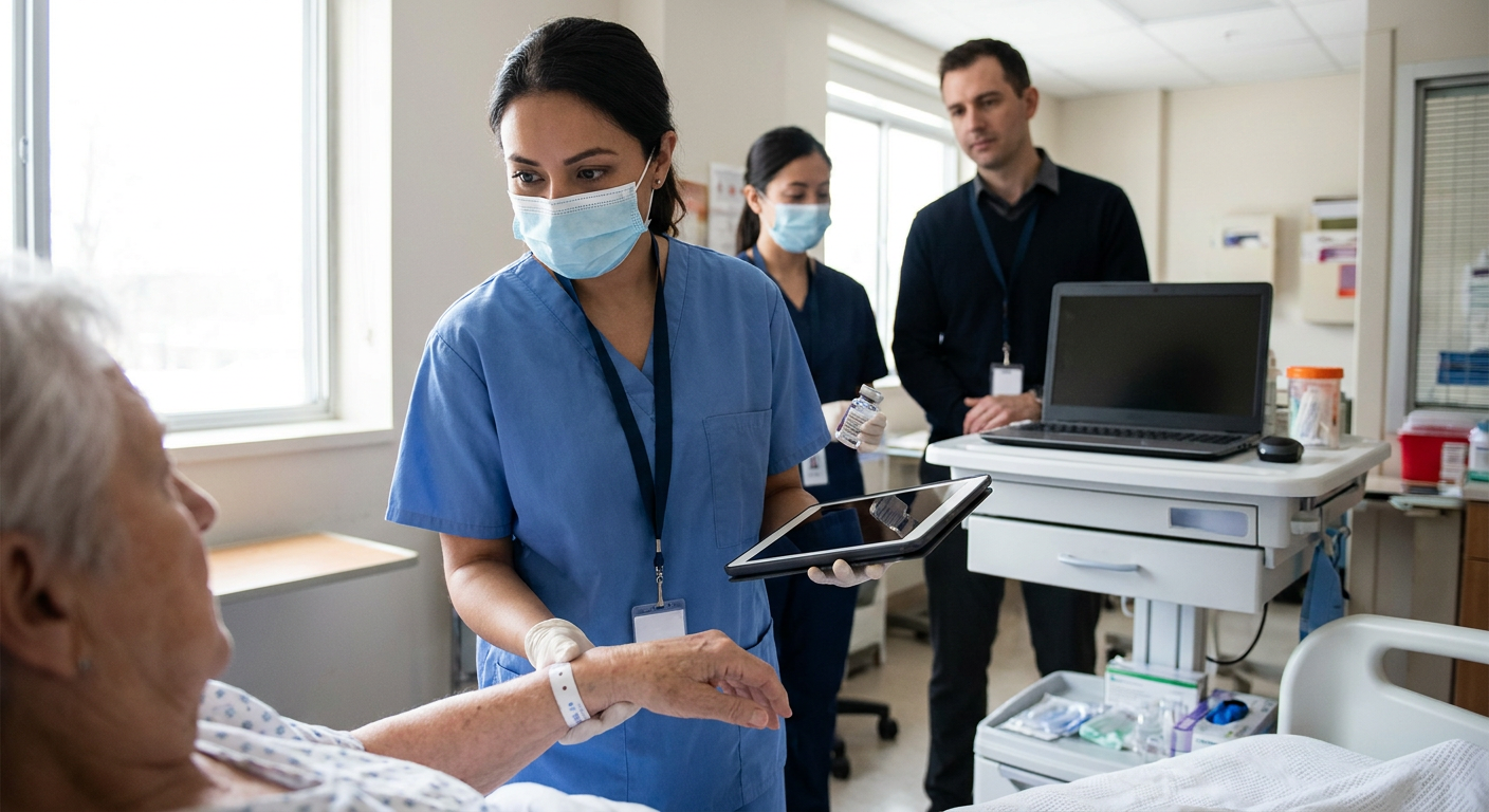 A registered nurse pauses at an adult patient’s bedside to compare the identification band, medication label, and electronic medication record before administration.