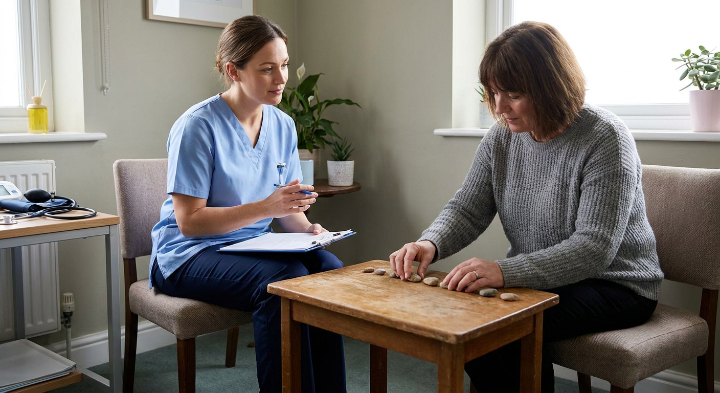 A registered nurse conducts a private, nonjudgmental behavioral health assessment with an adult experiencing intrusive thoughts and repetitive rituals.