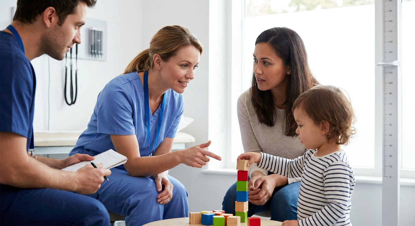 A pediatric nurse observes a preschool-age child stacking blocks while speaking with the child’s caregiver in a bright, professional clinic examination room.