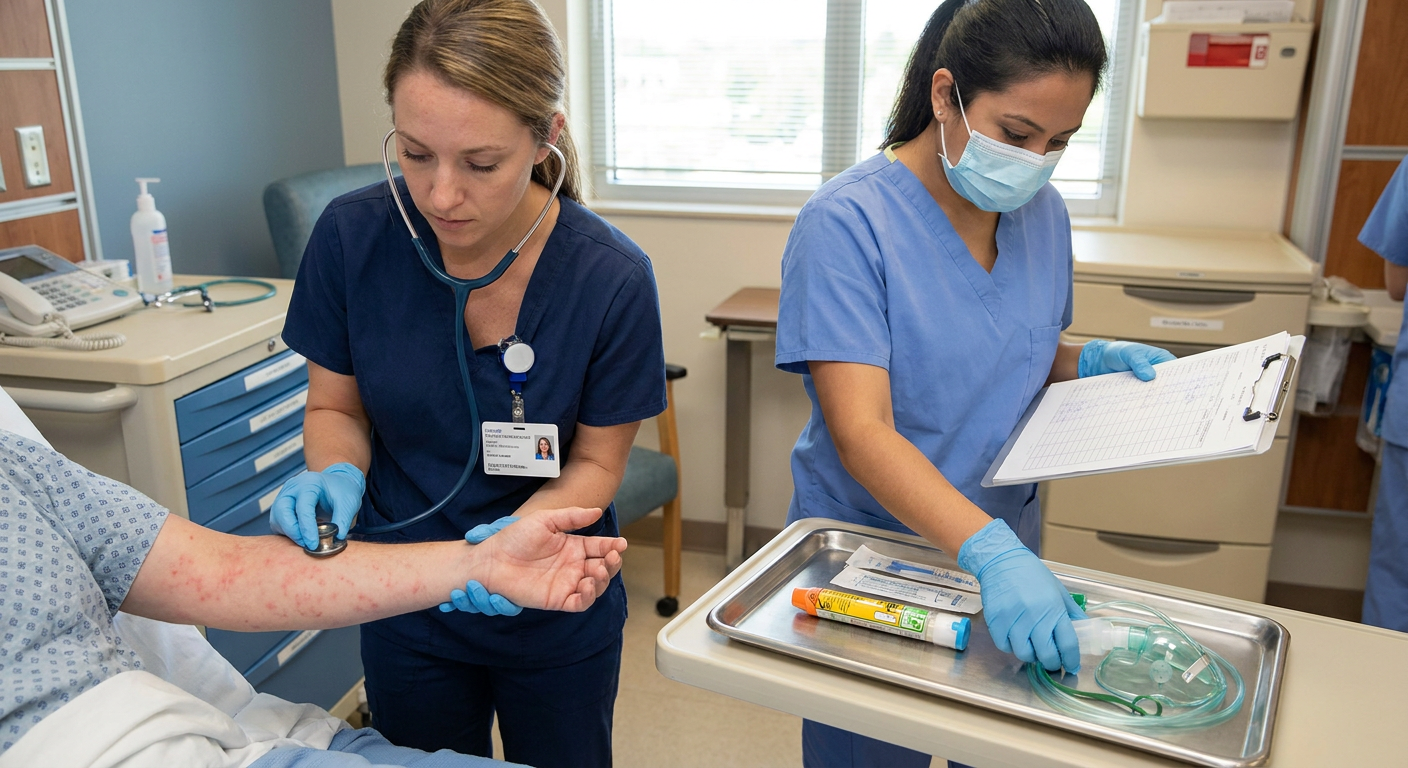 A registered nurse assesses an adult patient for hives, facial swelling, breathing difficulty, and blood pressure changes while another nurse reviews the medication administration record and prepares emergency equipment.
