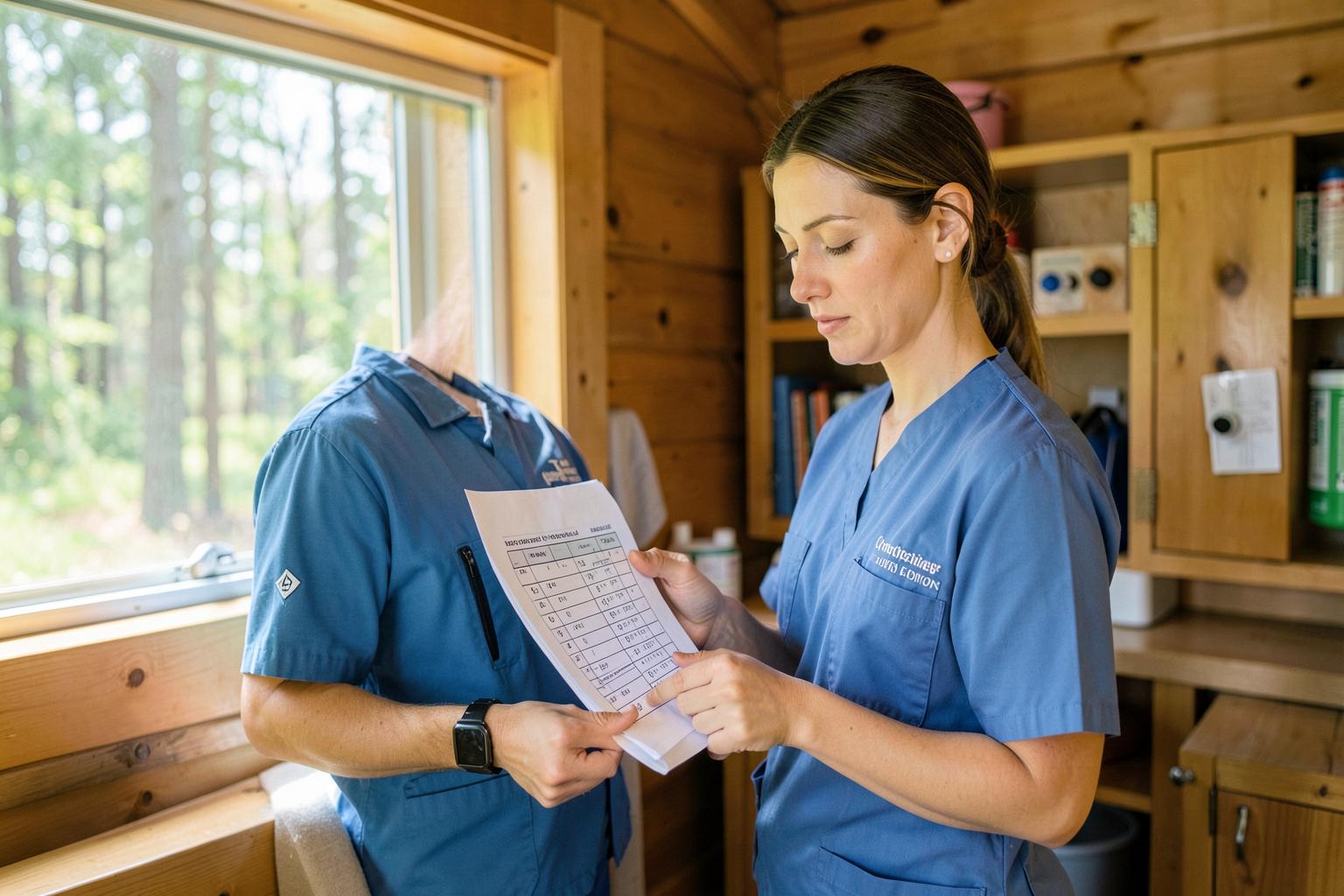 Camp nurse reviewing a health record at a summer camp health-room desk