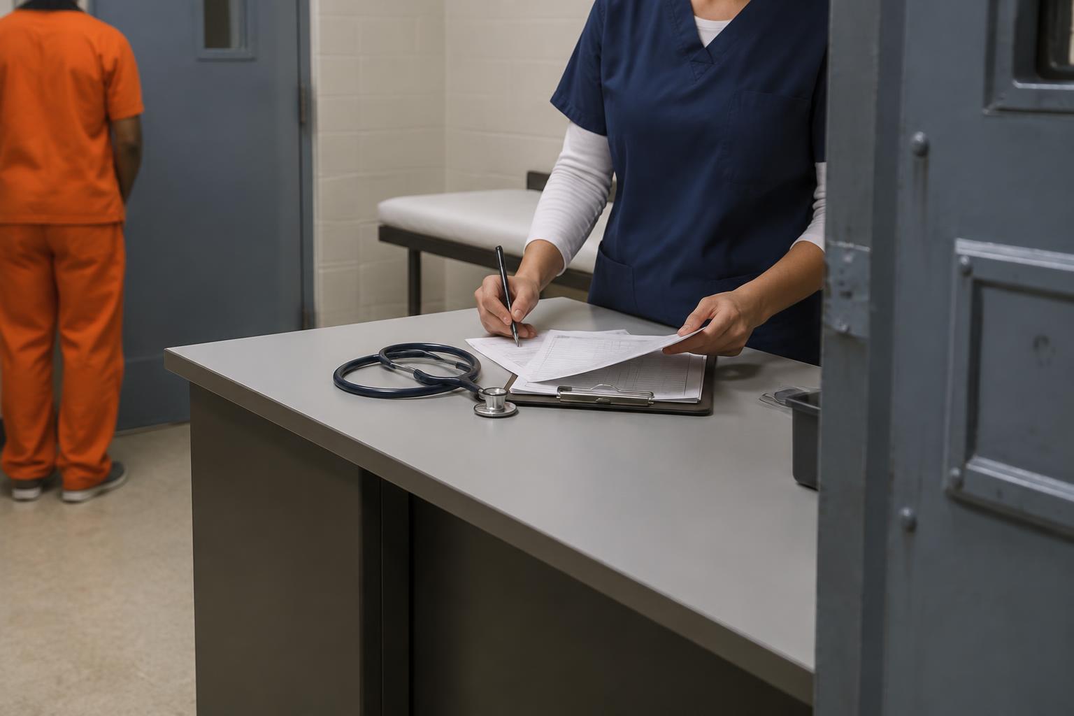 Nurse reviewing a medication record at a secure clinical station inside a correctional health unit
