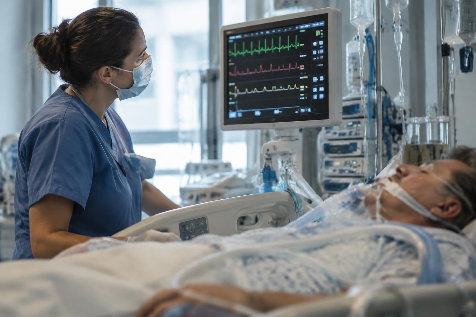Critical care nurse observing bedside monitor waveforms beside an intubated patient in an intensive care room