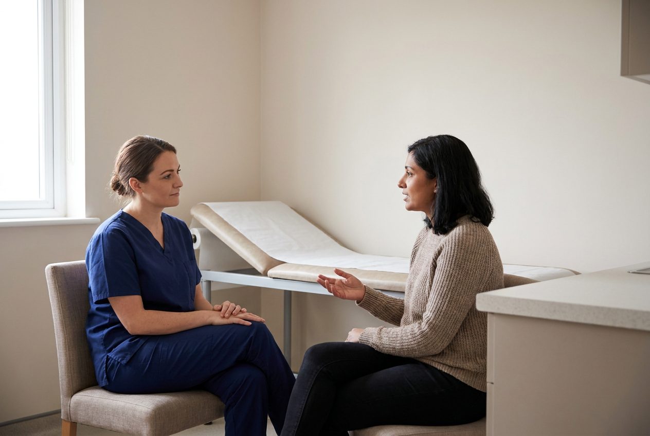A nurse in navy scrubs sits facing an adult in a sweater and trousers. The adult is speaking, and the nurse listens beside an unused examination couch.