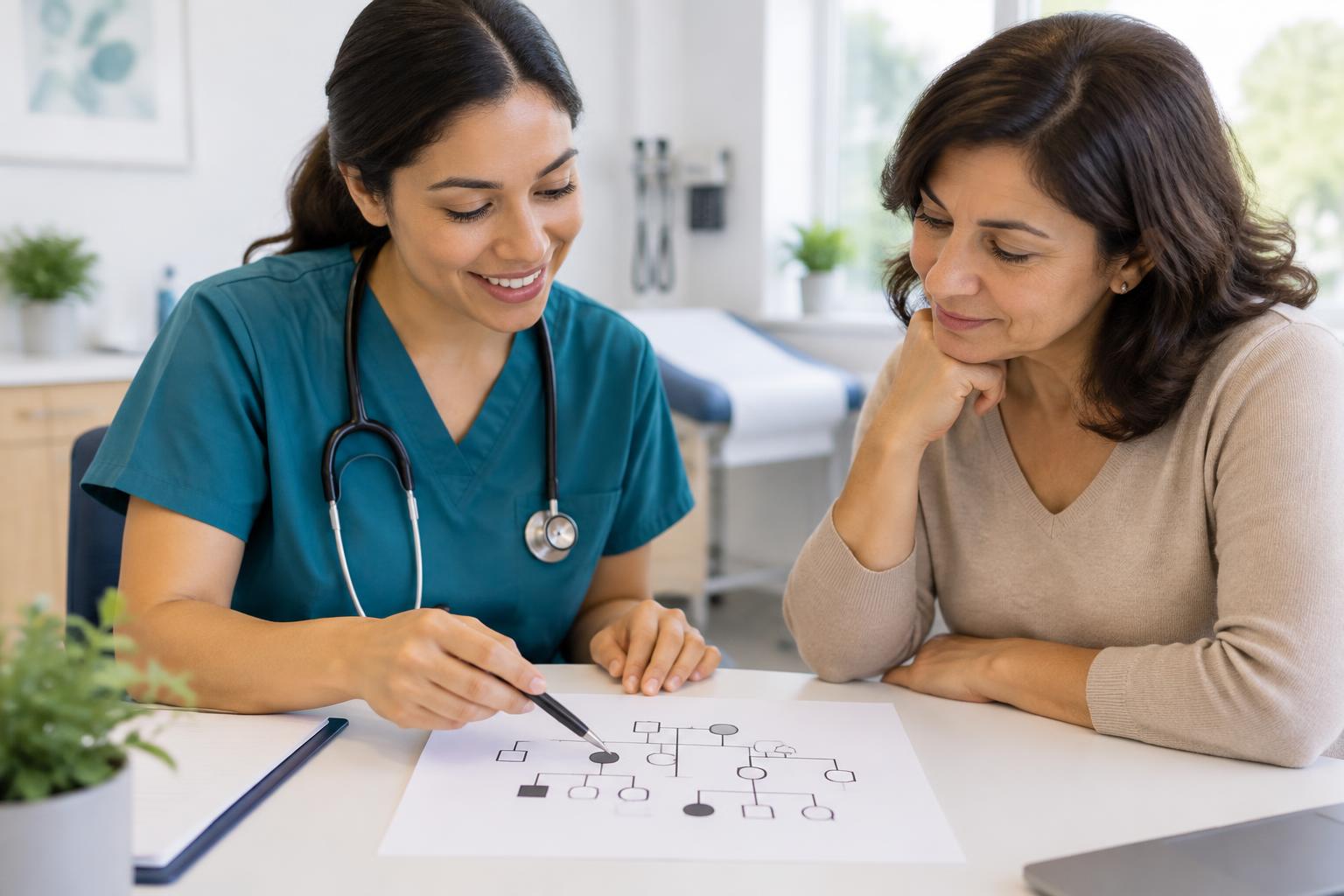 Nurse reviewing a family health history pedigree chart with a patient in a clinic