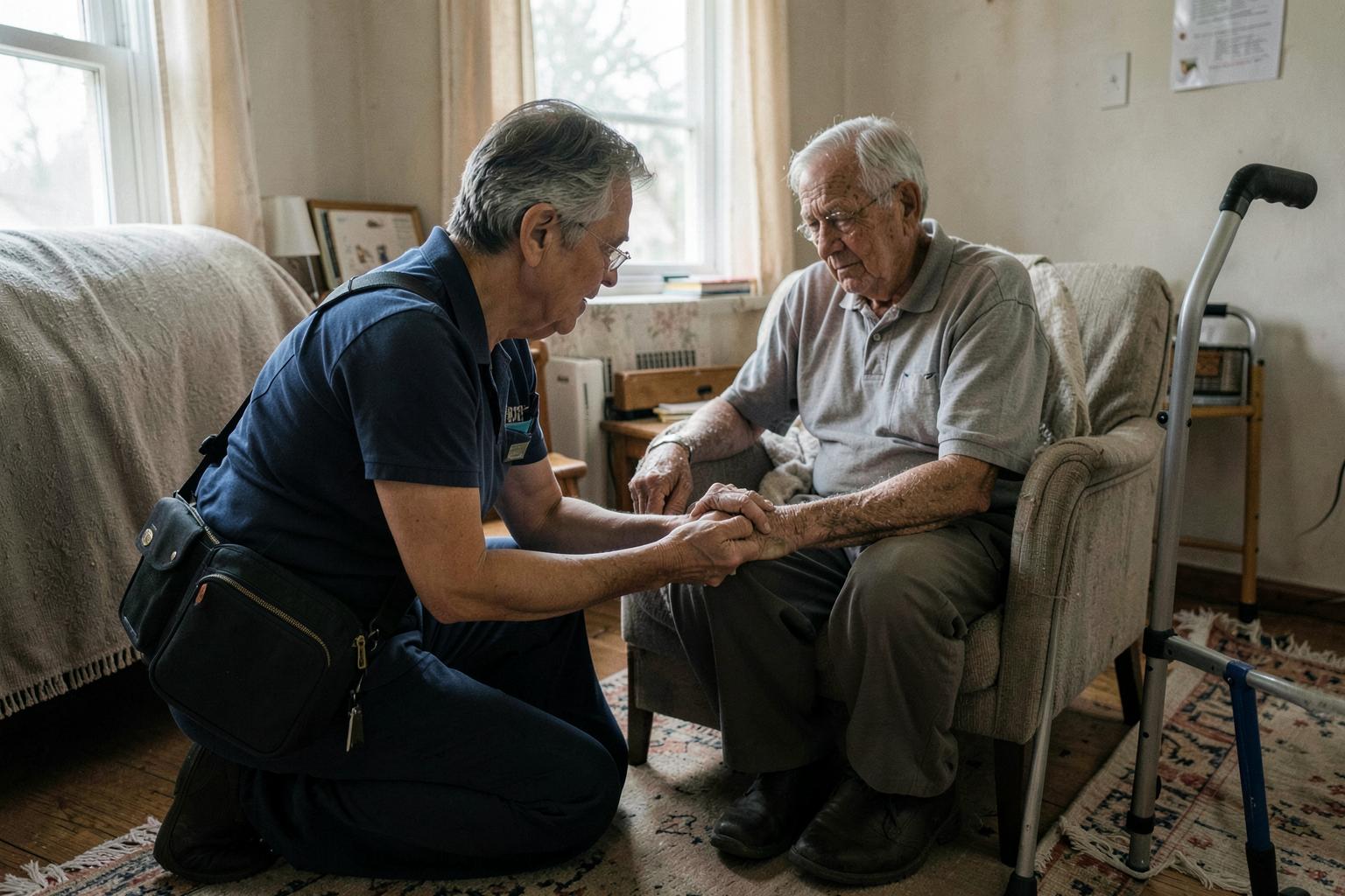 A home health nurse with a shoulder bag kneels on a patterned rug beside an older man seated in a worn armchair in his living room, holding his forearm during an assessment, with a wheeled walking frame standing beside the chair