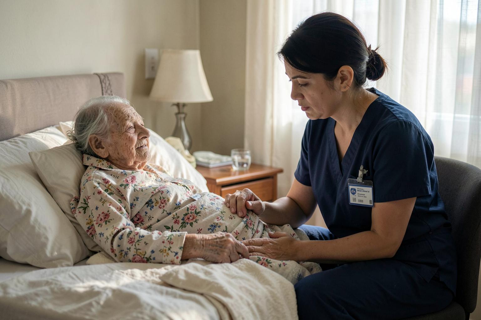 A frail elderly woman in a floral nightgown lies propped on pillows in a home bed while a nurse in dark blue scrubs with an identification badge sits at the bedside holding her hand and leaning in to listen, with a lamp and a glass of water on the bedside table
