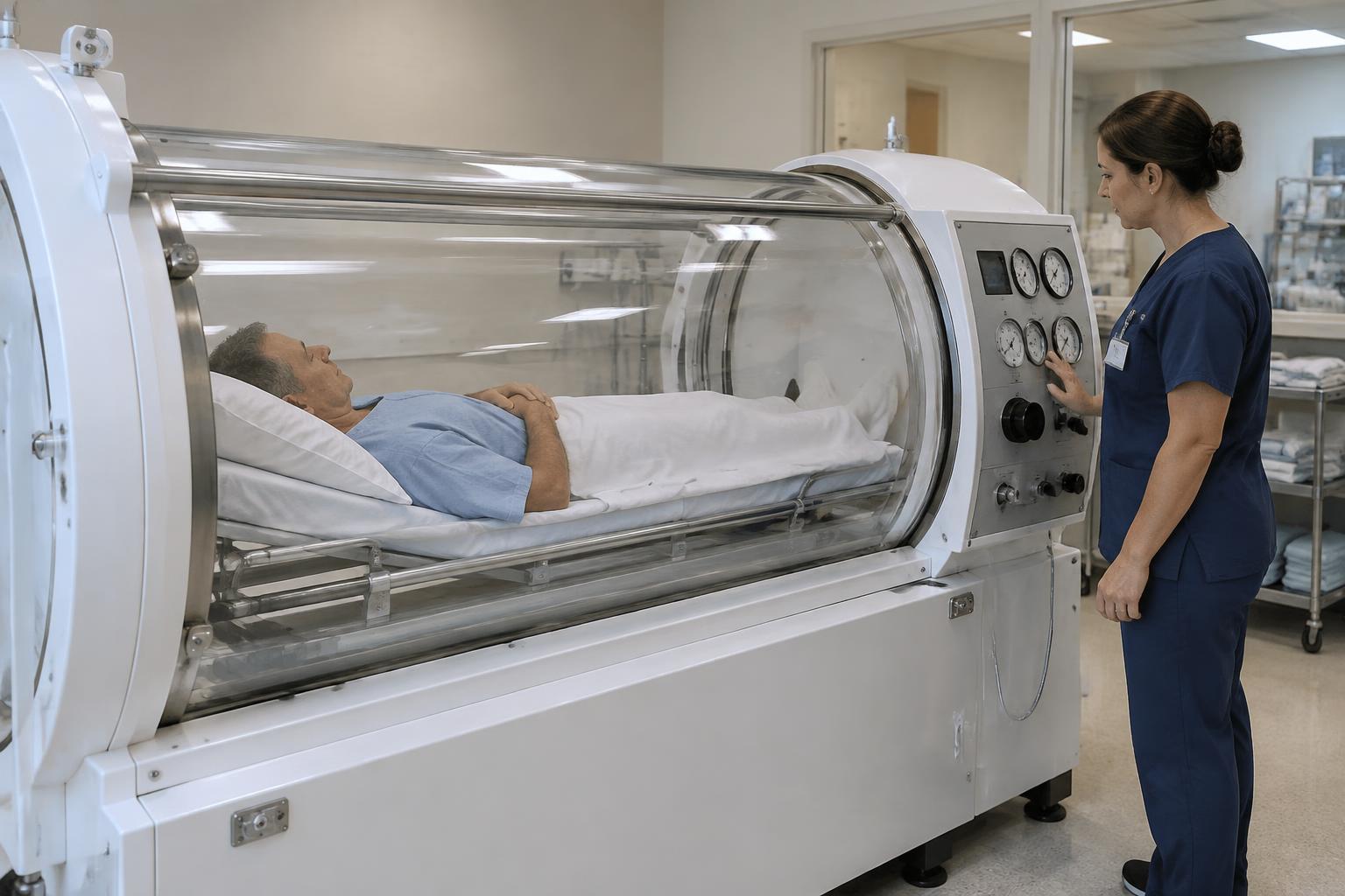 An older man in a light blue gown lies on a padded stretcher with a white sheet over his legs inside a clear acrylic single-patient hyperbaric chamber, while a nurse in navy scrubs with an identification badge stands at the chamber's control panel with one hand on a dial, watching a bank of round pressure gauges