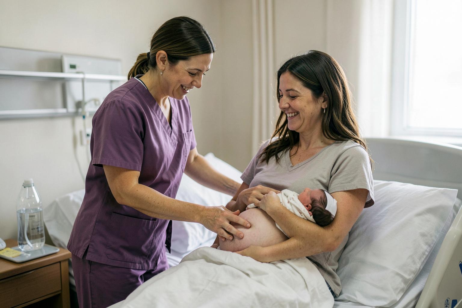 A nurse in mauve scrubs stands at the bedside of a postpartum patient reclining in a hospital bed and palpates her lower abdomen with both hands while the patient, smiling, holds her swaddled newborn against her chest. A water jug sits on the bedside table and daylight comes through the window behind them.