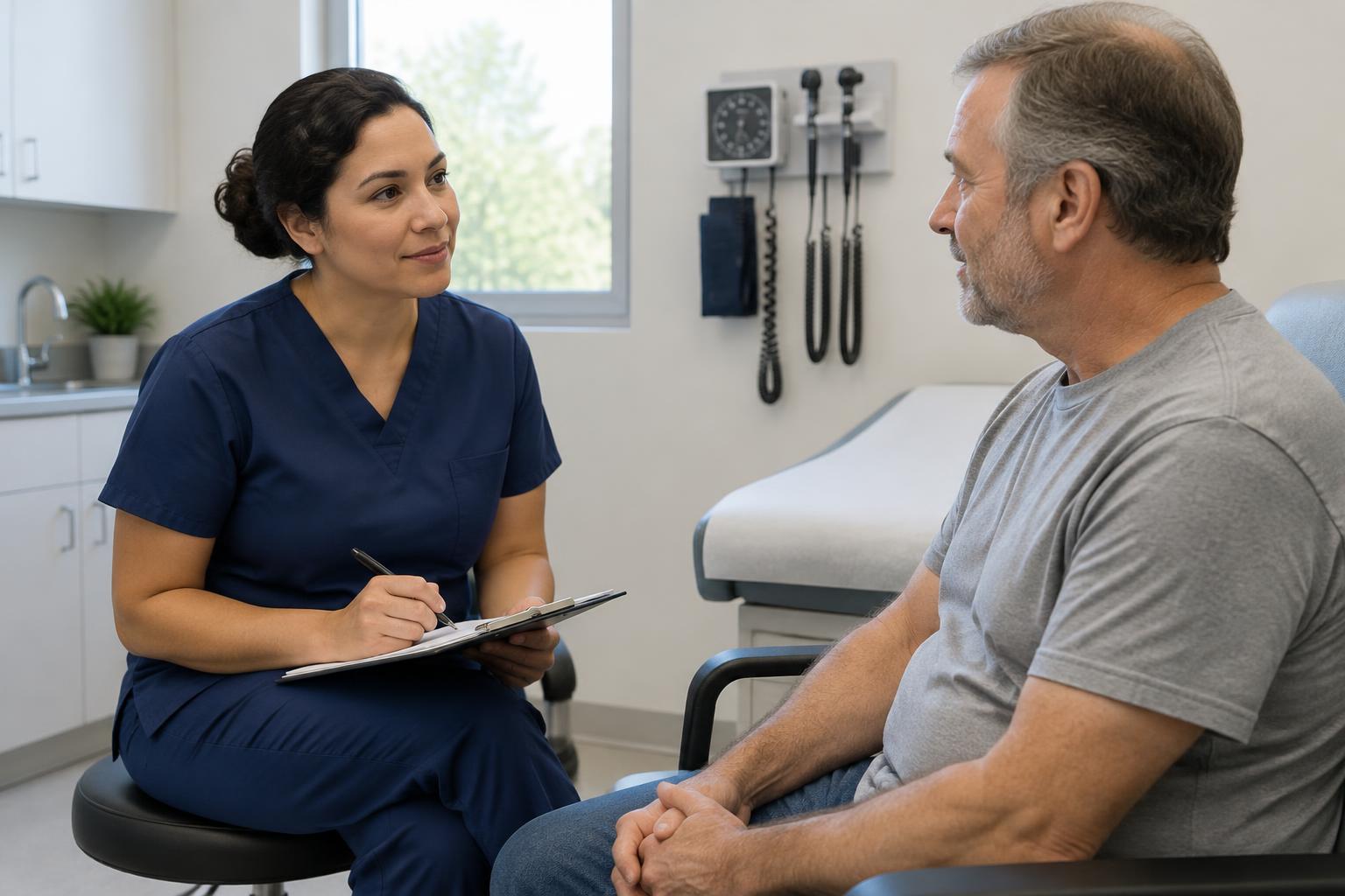 A nurse in navy scrubs sits at eye level on a stool in an outpatient exam room, an open intake clipboard resting on her knee and a pen in her hand, listening while a middle-aged man in a plain grey t-shirt seated in the exam chair speaks to her. A blood pressure cuff and diagnostic instruments hang on the wall behind them.