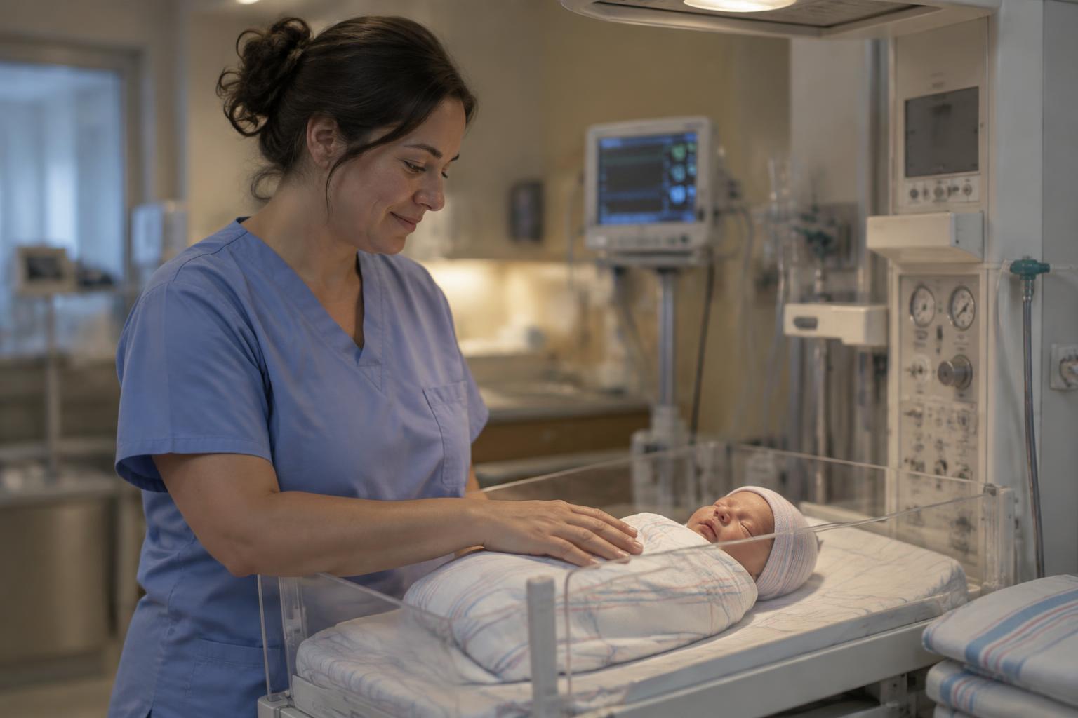 A nurse in light blue scrubs stands beside an open infant warmer under a radiant heat panel, one hand resting gently on a swaddled newborn who wears a knitted cap. A vital signs monitor and gas flow gauges are visible on the wall unit behind the warmer.