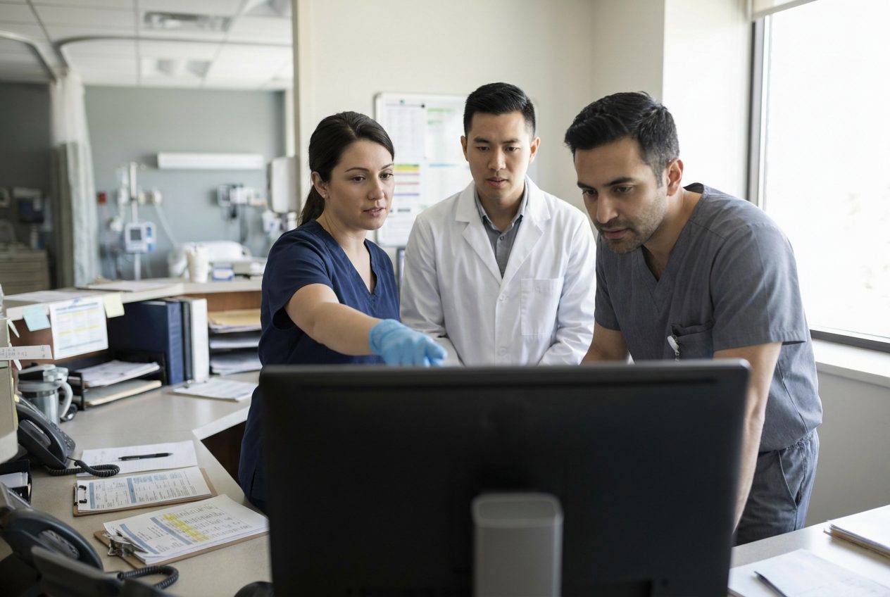 A nurse in navy scrubs and a glove reaches toward a computer screen while a colleague in a white coat and another in grey scrubs stand beside her and look at the same screen.