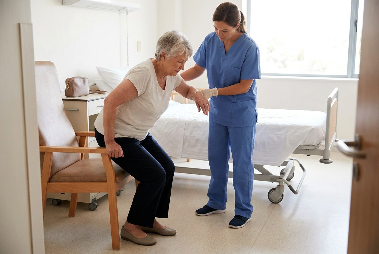 An older woman pushes up from a chair beside a hospital bed while a nurse supports her forearm and watches her. Both wear plain clothing, and the floor around them is clear.