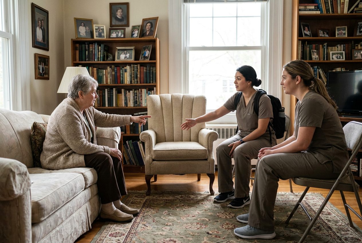 An adult seated beside two nurses gestures toward an armchair. Both nurses face the adult, and one gestures toward the same chair in the home living room.