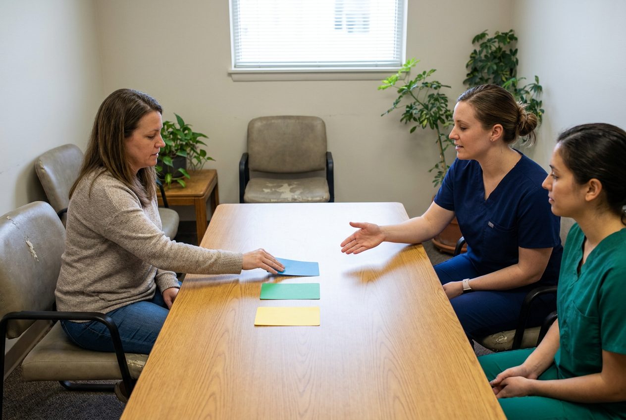 An adult in everyday clothes moves a colored card across a meeting table while two nurses in plain scrubs watch and listen.