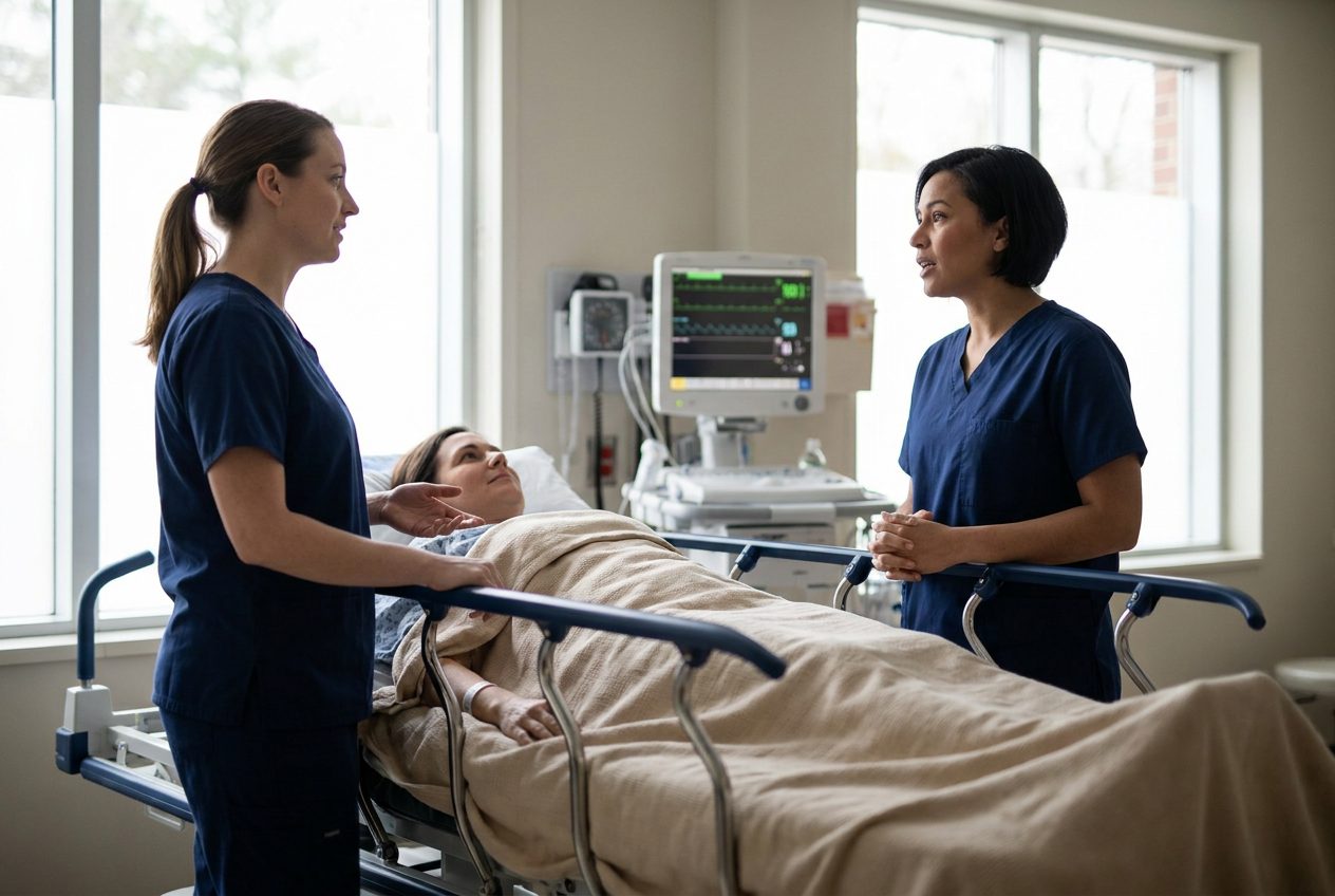 Two nurses stand beside a patient resting under a blanket on a stretcher. One gestures toward the patient while the other faces her with lips parted.