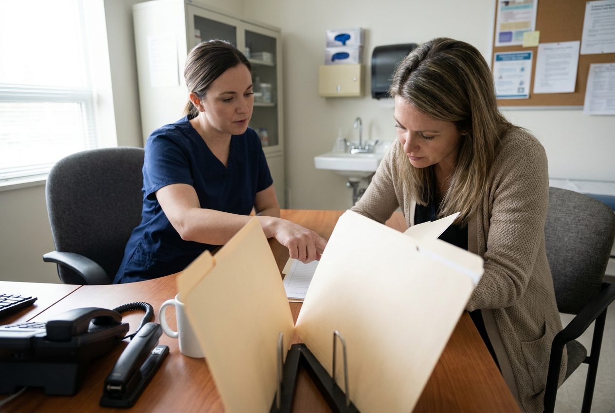 A nurse and another adult sit at a school health office desk reviewing two open folders. The nurse gestures between them, and the pages face away from the camera.