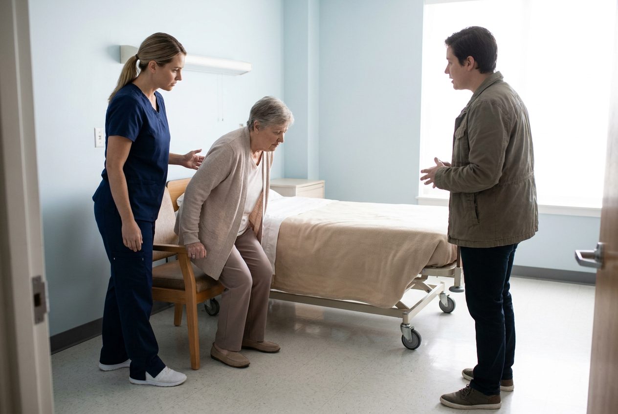 A nurse stands beside an older adult rising from a bedside chair while a family member watches and speaks with the nurse in a recovery room.