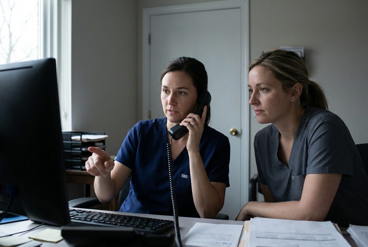 A nurse holds a telephone receiver and turns toward another nurse beside a computer. Both face the monitor, with the first nurse’s hand paused above the keyboard.