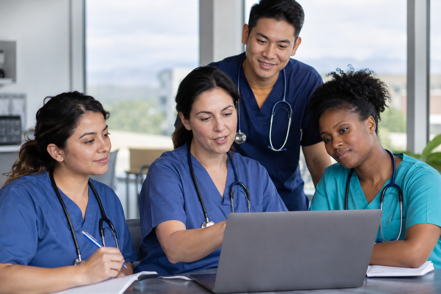 Diverse nurses completing online continuing education on a laptop and tablet