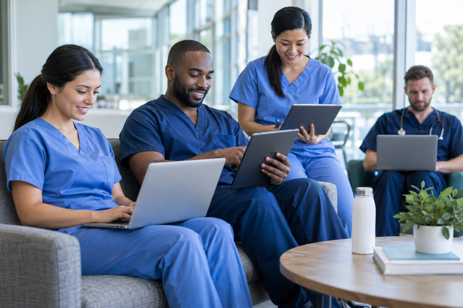 Diverse registered nurses completing online continuing education in a hospital staff lounge