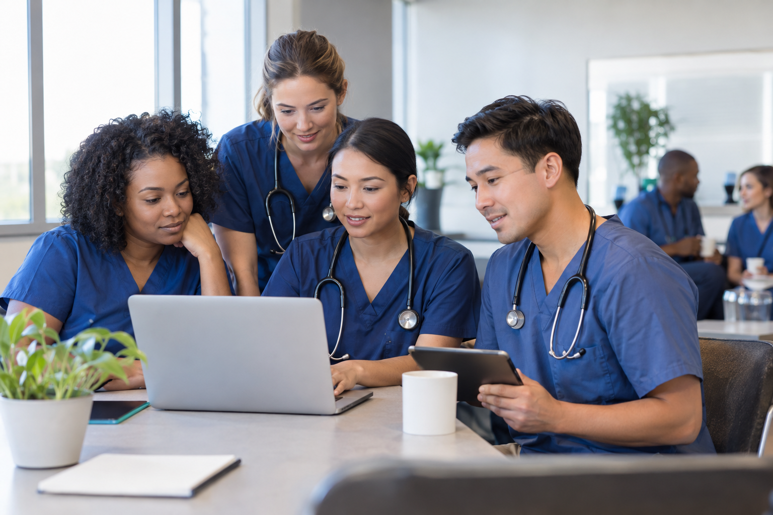 Diverse nurses completing online continuing education on a laptop and tablet