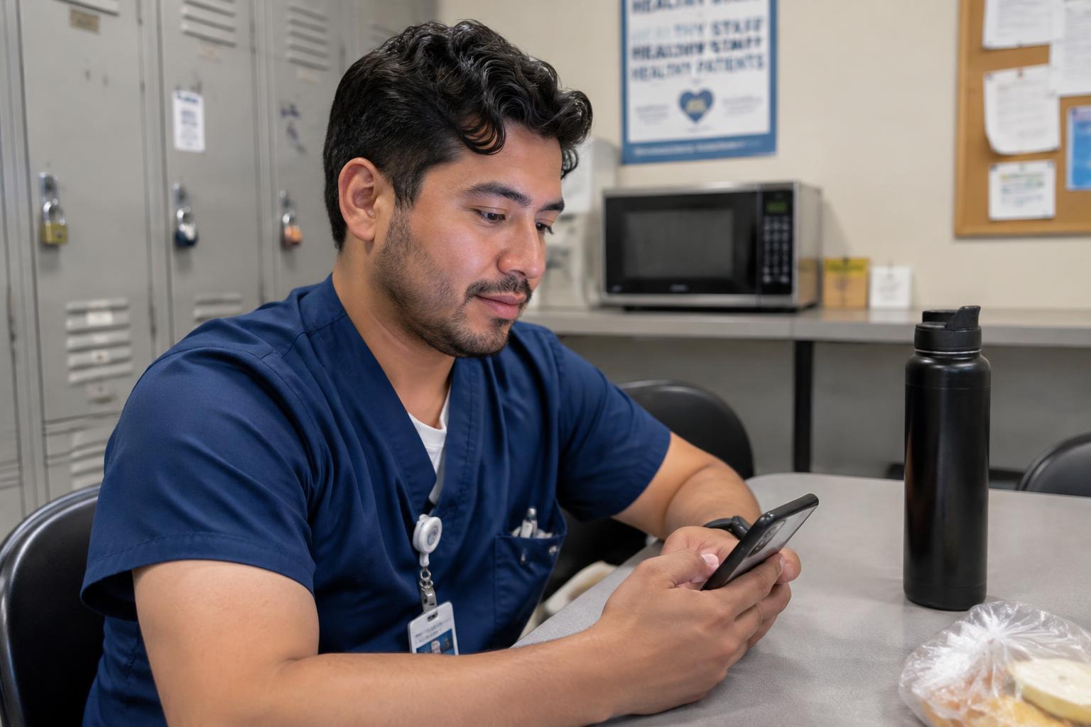 A Hispanic male nurse reading a course section on his phone during a break in the staff room
