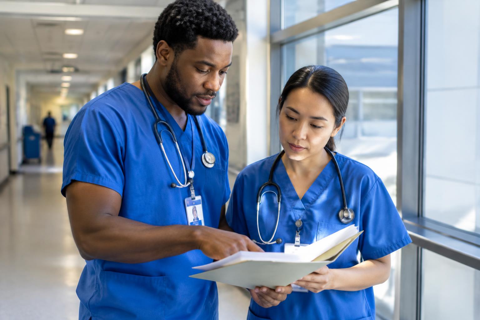 A Black male nurse and an Asian woman nurse in blue scrubs reading notes together in a hospital corridor