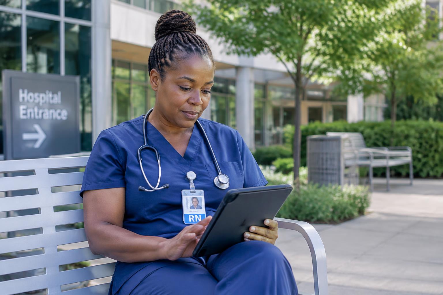 An experienced Black woman nurse sitting outside the hospital with a tablet