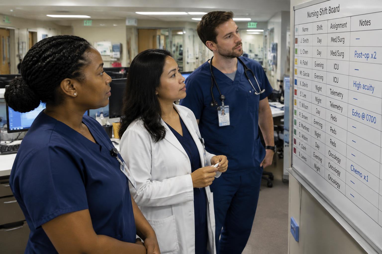 A Black woman nurse, a Filipino woman in a white coat and a male nurse checking the shift board at a nurses station