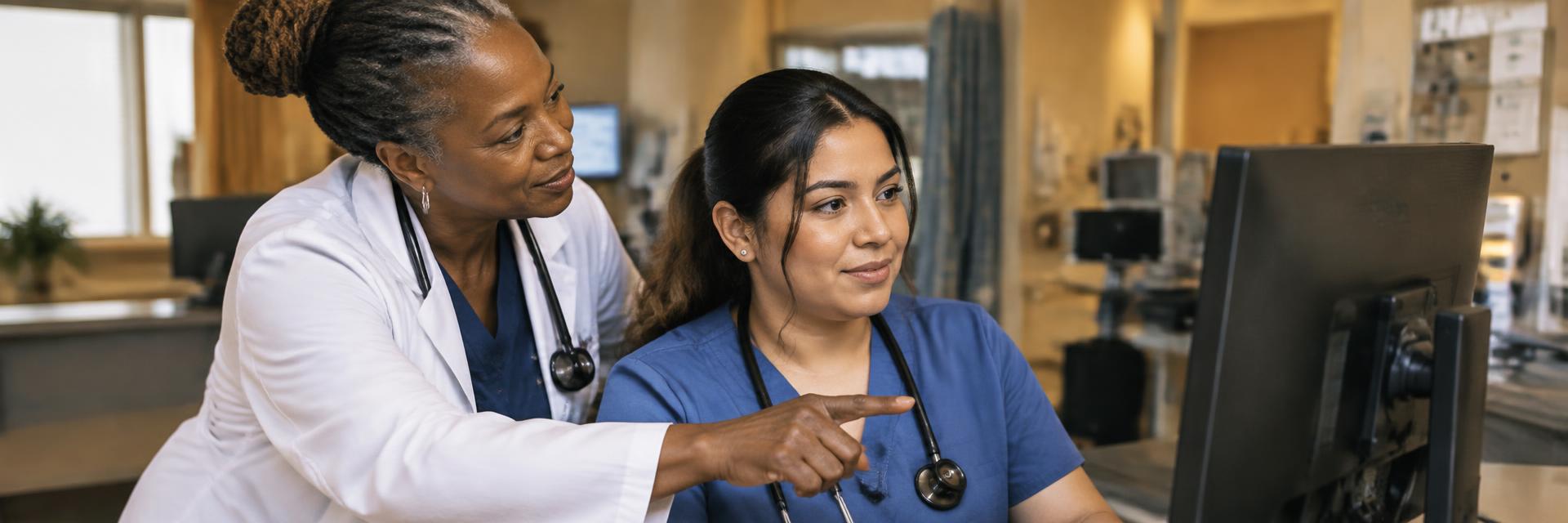 An experienced Black woman in a white coat guiding a young Latina nurse at a hospital computer