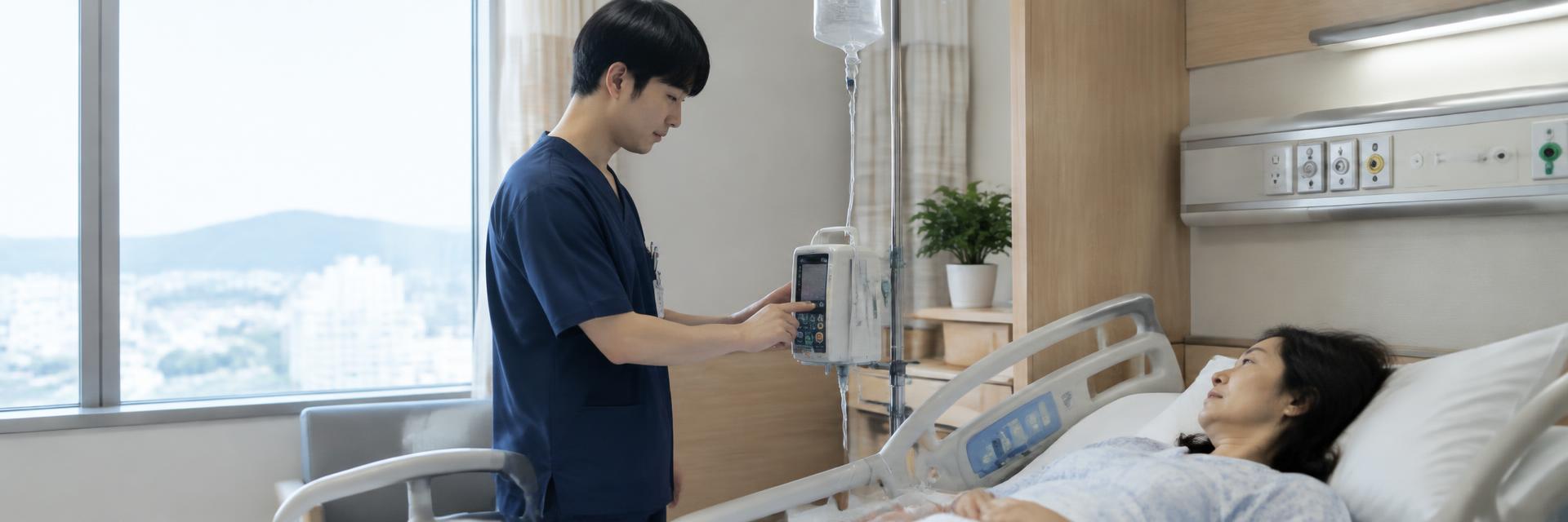 An Asian male nurse in navy scrubs checking an IV pump beside a patient's bed