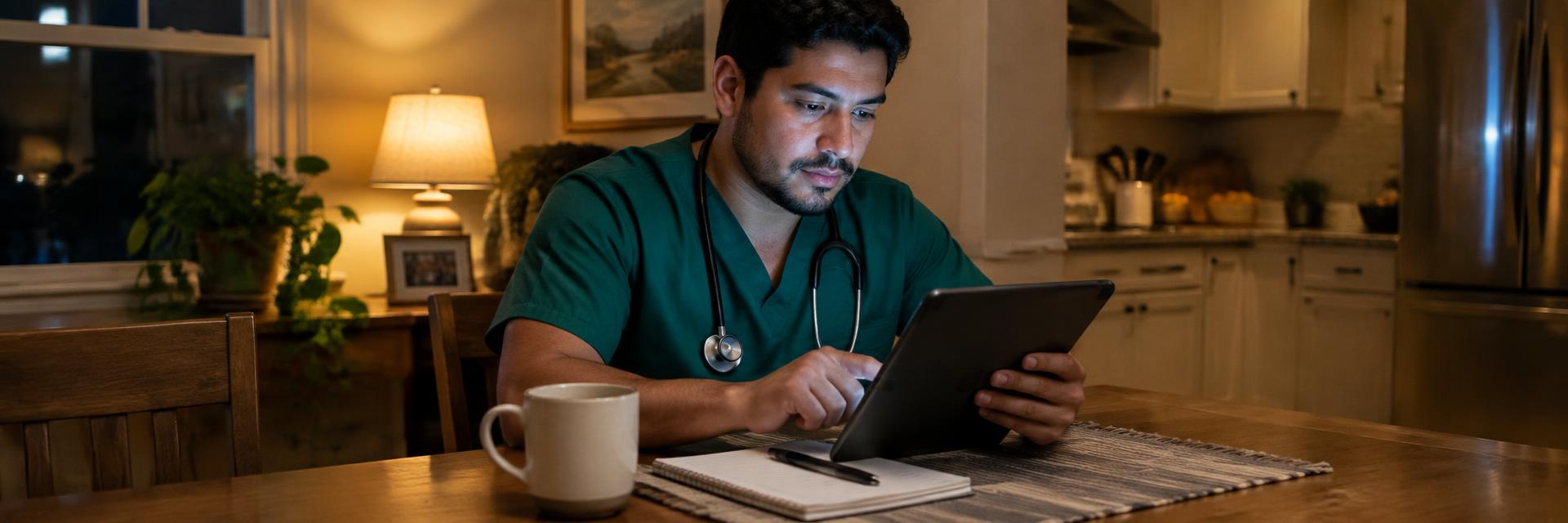 A Hispanic male nurse in green scrubs reading a course on a tablet at his kitchen table in the evening